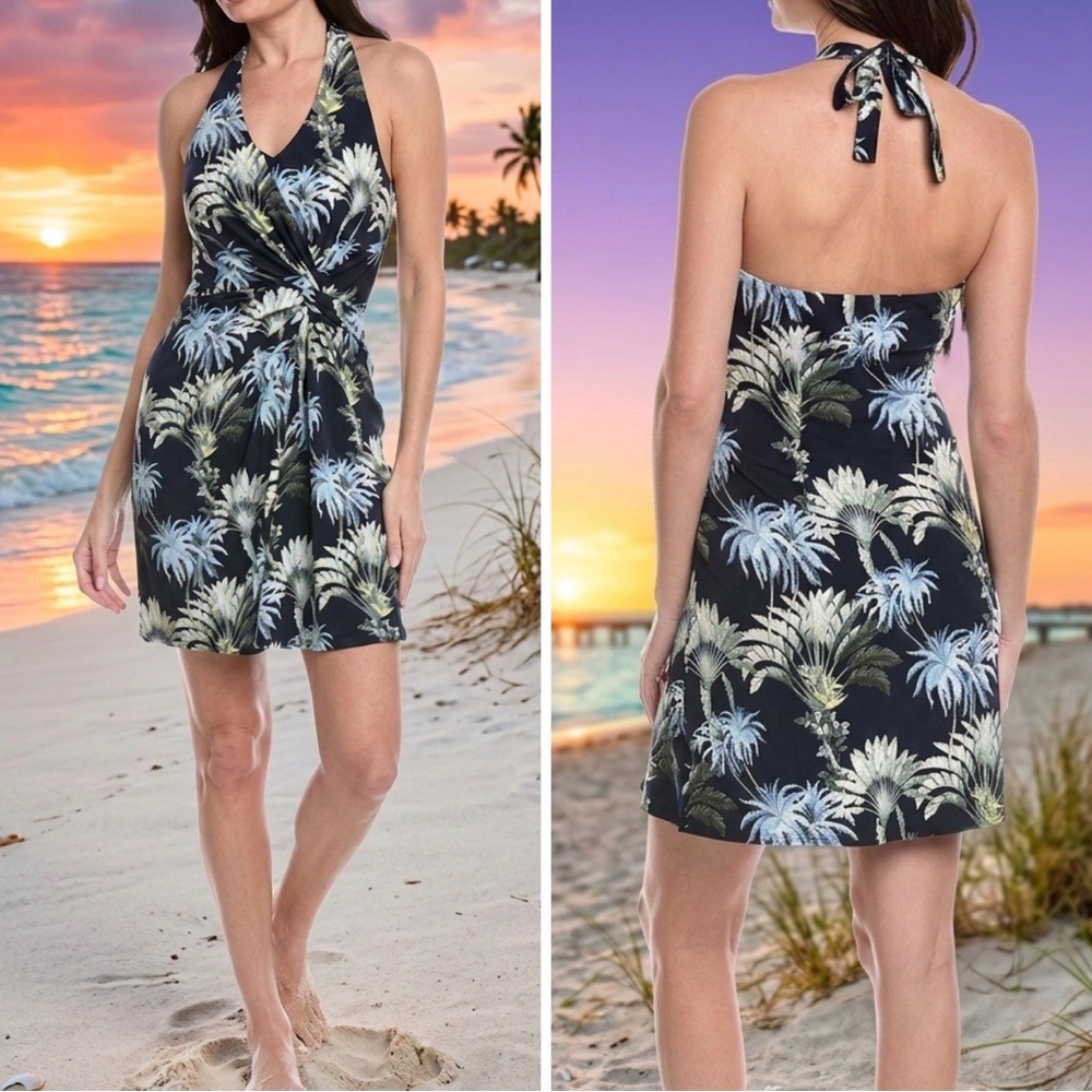 Tommy Bahama Black Palm-Print Halter Dress